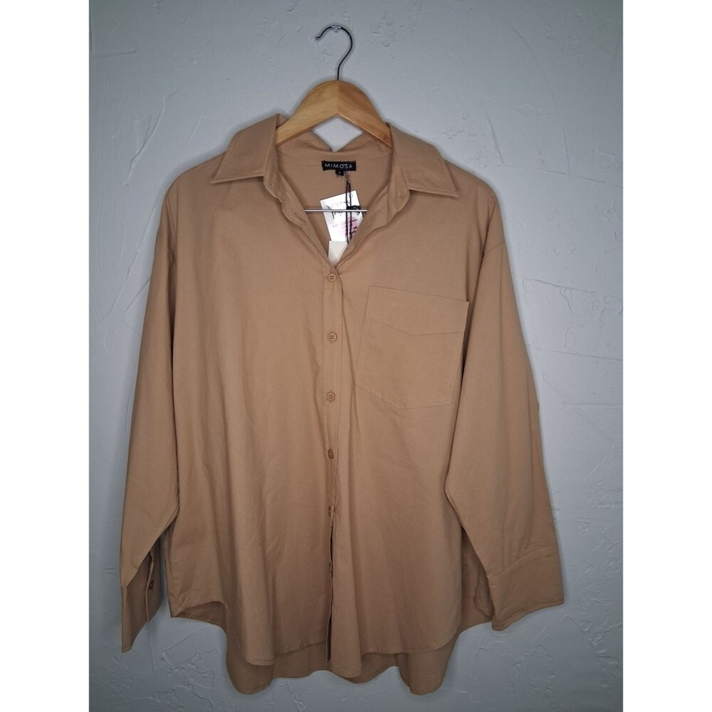 Mimosa Beige Oversized Button Down Shirt Sz S 100% Cotton Minimalist Casual Chic - Picture 2 of 10